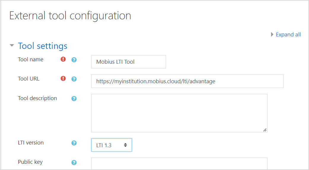 Moodle tool configuration with Tool name, Tool URL, Tool description and LTI version fields.